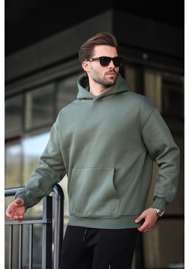 Haki Kapüşonlu Kanguru Cep Erkek Sweatshirt E7169 Haki