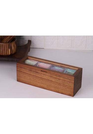 Atby Akasya Ahşap Kapaklı 5 Bölmeli Çay Kutusu 26,5x9x9 Cm Şeffaf Kapaklı Çay Ve Kahve Düzenleyici Kutu Ahşap