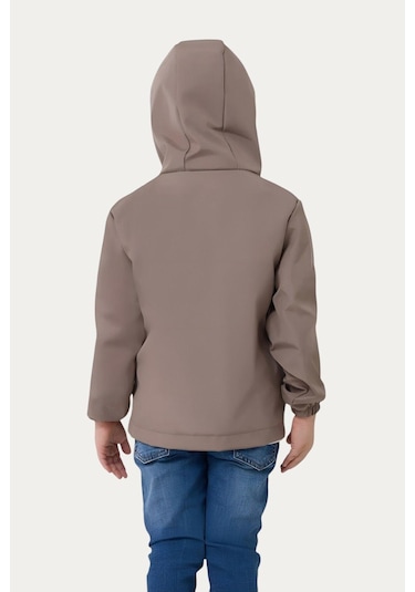 Erkek Çocuk Astarlı Su Ve Rüzgar Geçirmez Kapüşonlu Çift Fermuarlı Cepli Yağmurluk Vizon