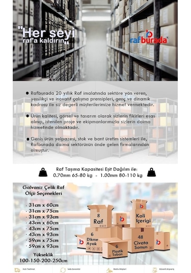 Rafburada 4 Katlı Duble Galvaniz Çelik Raf.Depo,Arşiv,Dosya Rafı 43 x 60 x 200 CM Kalınlık 0.70 MM