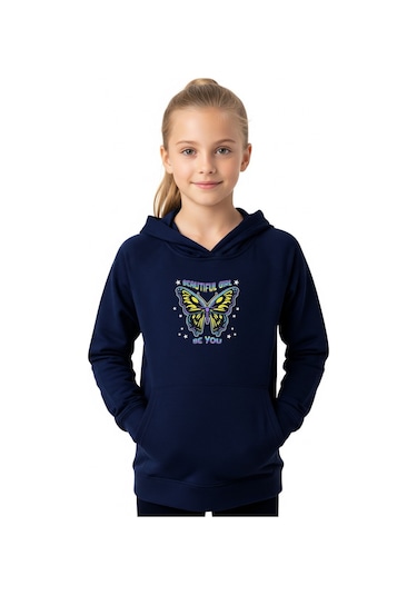 Kanguru Cepli Kapüşonlu Kız Çocuk Sweatshirt Gırl Be You Yazı Baskılı Lacivert