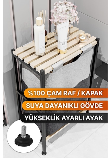 Bino Ahşap Raflı Keten Kumaşlı Banyo Düzenleyici Çamaşır Sepeti Siyah