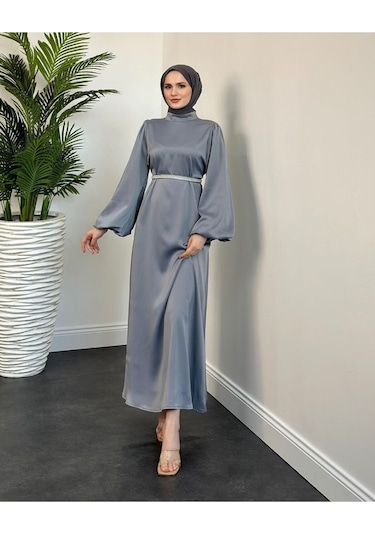 Kemer Taşlı Tesettür Abiye Gri