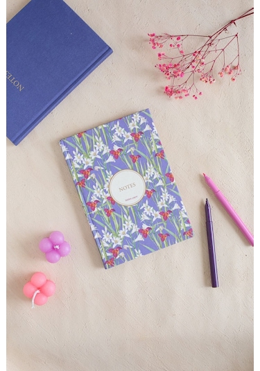 Çiçekli Bez Ciltli Defter / Çizgisiz Mavi