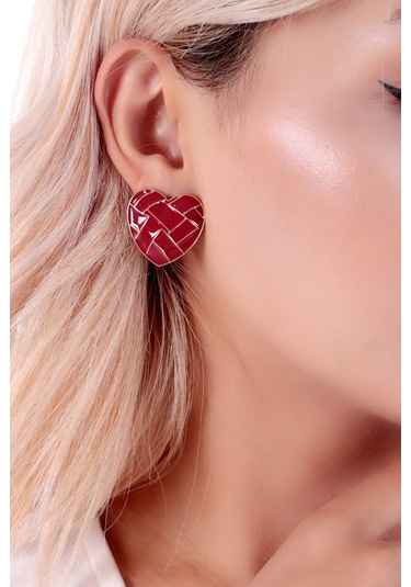 Bhs Life Kadın 925 Ayar Gümüş Kalp Kırmızı Desenli Seramik Küpe Gümüş