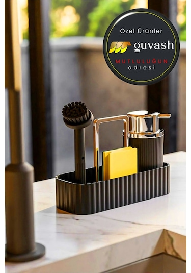 Nova Oval Hazneli Siyah Lüx Fırçalı Mutfak Seti & Sıvı Sabunluk Mutfak Banyo Süngerlik & Sabunluk Siyah