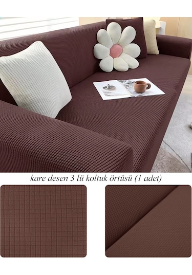 StarMall Lastkli Yikanabilir Karedesen 3 kişili Koltuk Örtüsü kanepe, çekyat Kılıfı Kahverengi
