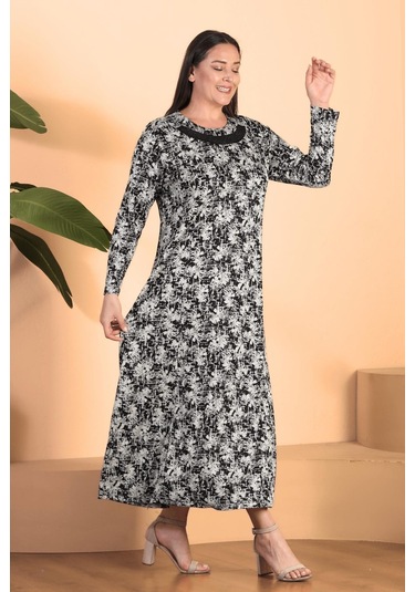 Kadin Tesettur Buyuk Beden Yakası Garnili Anne Elbise 001