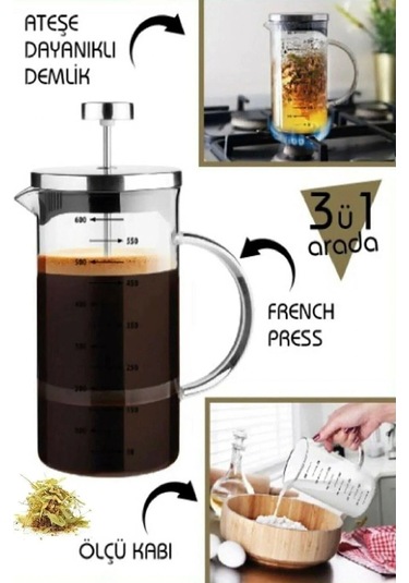 Çok Amaçlı Isıyı Koruyan Süzgeçli Bitki Çayı Filtre Kahve Demlik Ölçü Kabı Cam French Press 600 Ml Çok Renkli