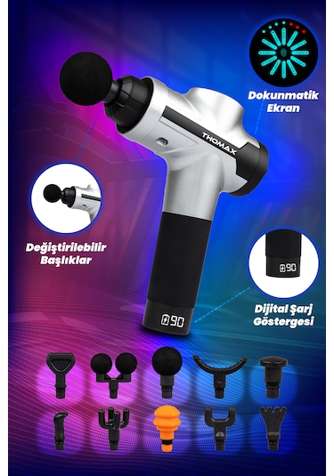Thomax Masaj Tabancası 10 Başlıklı Profesyonel Masaj Aleti Gümüş