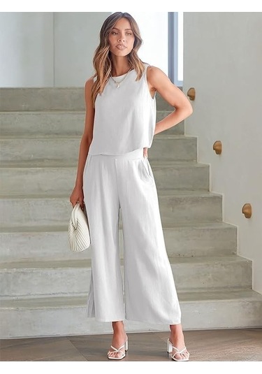 Barbora Keten Yazlık Yüksel Bel Capri Pantolon Sırt Detaylı Kolsuz İkili Takım Ln26ekru1 001