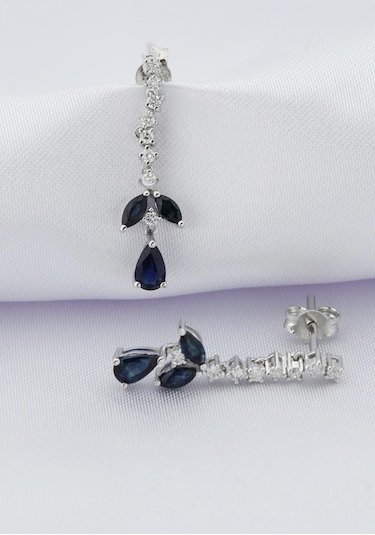Doğal Safir Taşlı Sallantılı Pırlanta Küpe Sarı