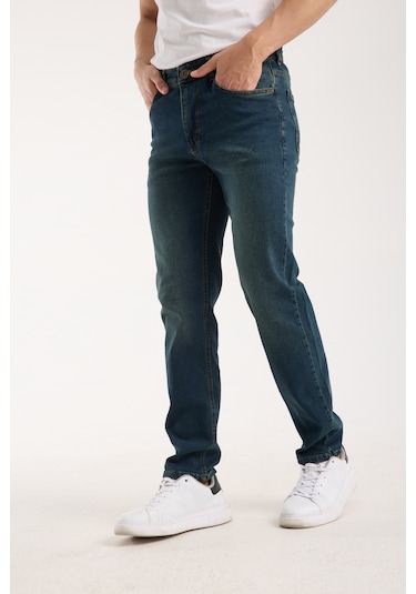 Erkek Pantolon Regular Fit Yeşil Tint Fermuarlı Rahat Giyim Jeans Yeşil Tint