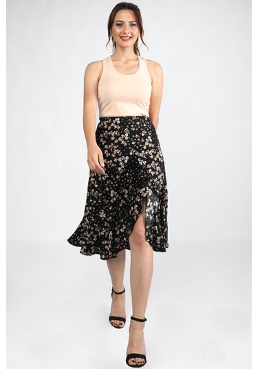 Kadın Çiçekli Viskon Etek Çiçekli Siyah
