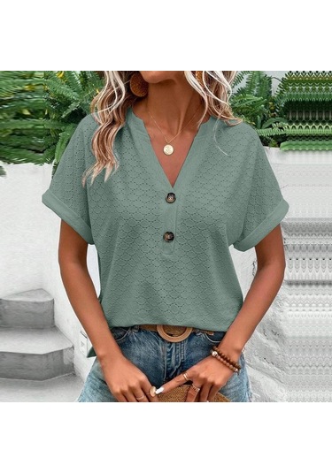 2023 İlkbahar Ve Yaz Yeni Kadın Moda Ve Rahat Düğme V Yaka T-shirt Kadınlar İçin Düz Renk Hollow Out T-shirt Koyu Yeşil