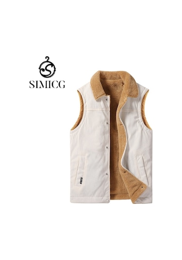 Peluş Sıcak Yelek Yelek Çok Yönlü Günlük Dik Yaka Erkek Yeleği Beyaz