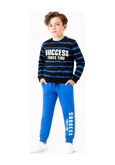 Erkek Çocuk 2 İplik Şardonsuz Alt-üst Takım Yatay Desenli 3-10 Yaş 12414 Saks Mavisi