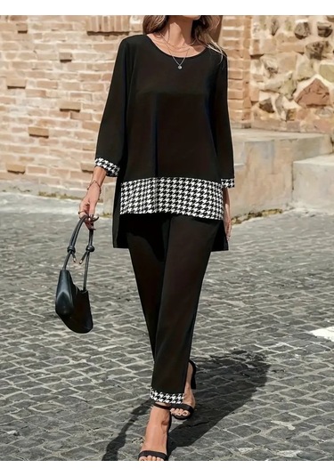 Tua Moda Kadın Uzun Kollu Yuvarlak Yakalı Kaz Ayağı Detaylı Viskon Iki Iplik Bluz Ve Pantolon Ikili Takım Siyah