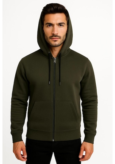 Axxel Erkek Haki Fermuarlı Kapüşonlu Sweatshirt-w590 Haki 3 İplik Şardonlu