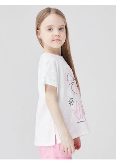 Escabel Kız Çocuk Pamuklu Çiçek Baskılı T-shirt-14028 Ekru