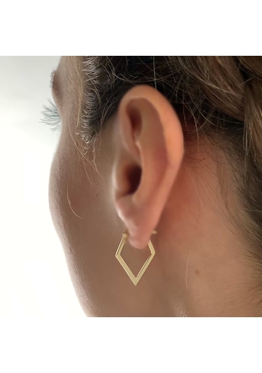 Dörtgen Formlu Altın Küpe 14 Ayar 2,0 Cm Zarif Küpe