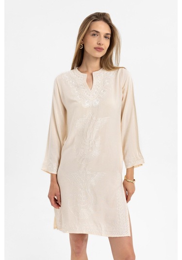 Krem İşlemeli Uzun Kollu Astarsız Pamuklu Kısa Elbise-krem Krem