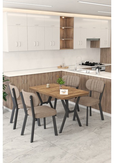 Gnr 70x110cm Sabit Atlantik Mutfak Masası Takımı, Yemek Masası, 4 Modern Cappucino Sandalye Cappuccino