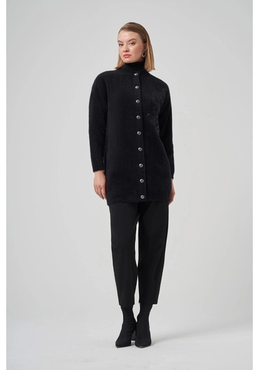 Nuss 7007 Yan Nakış İşlemeli Hırka - Siyah Siyah