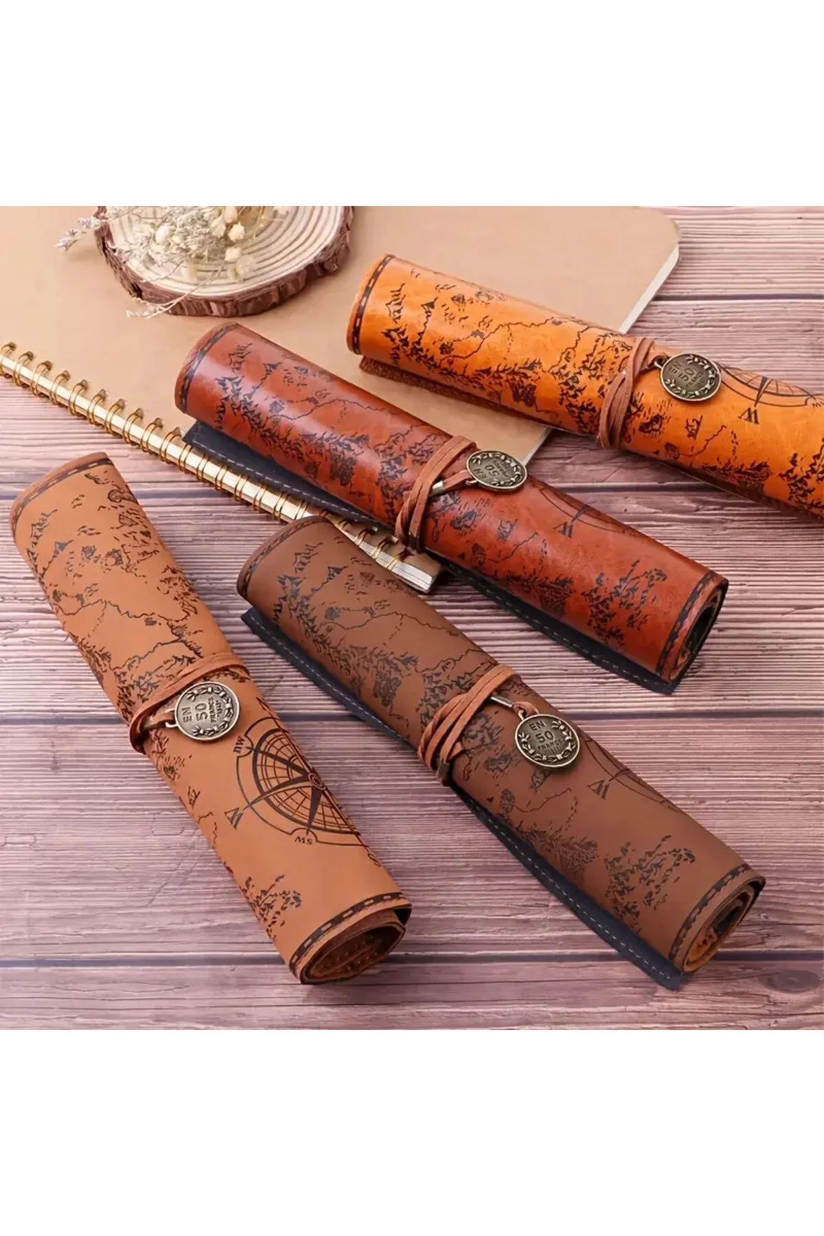 Yaratıcı Hazine Haritası Retro Kalem Kutusu Deri Büyük Kapasiteli Rulo Kalem Çantası Mat Koyu Kahverengi