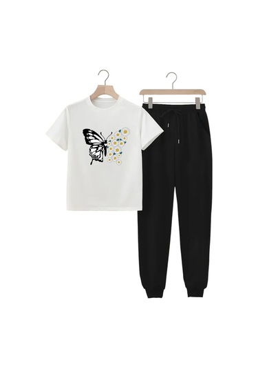 Çocuk Papatya Kelebek Baskılı Eşofman Takımı Beyaz