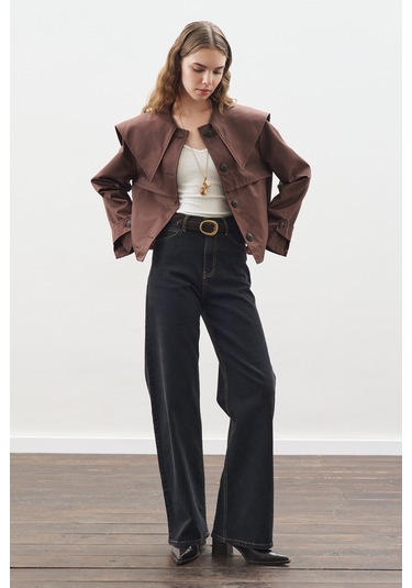 Geniş Yaka Gabardin Ceket Çikolata Çikolata