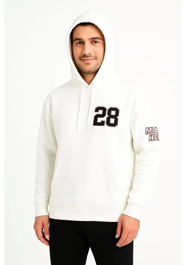 Üç İplik Kapüşonlu Ön Ve Arka Baskılı Sweatshirt Hoodie - Beyaz Beyaz