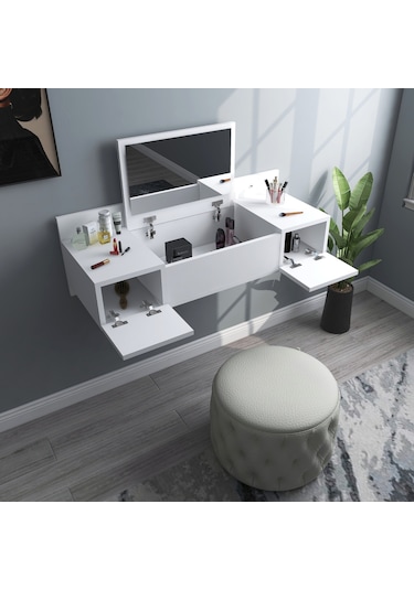 Arnetti Zakkum Aynalı 2 Raflı Dekoratif Makyaj Masası Beyaz