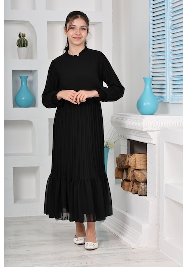 Kız Çocuk Uzun Boydan Pliseli Pamuklu Şifon Uzun Elbise Siyah