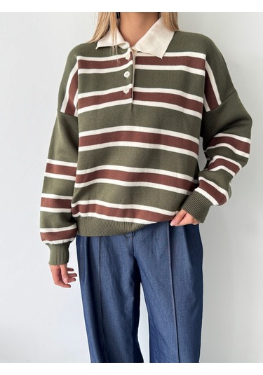 Kadın Polo Yaka Çizgili Triko Kazak Haki