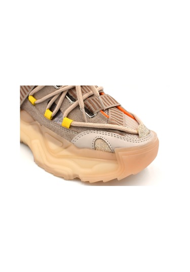 Beyaz London Asimetrik Bağcıklı Şeffaf Kalın Taban Kadın Spor Ayakkabı Bej Bej