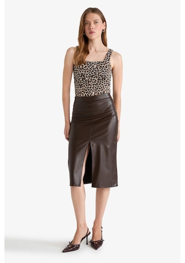 Defacto Kalem Yüksek Bel Penye Astar Suni Deri Midi Etek D4638ax25aubn116 Kahve
