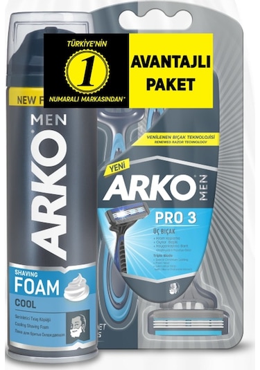 Arko Men T3 Pro3 Tıraş Bıçağı 3'lü + Cool Tıraş Köpüğü 200 ML