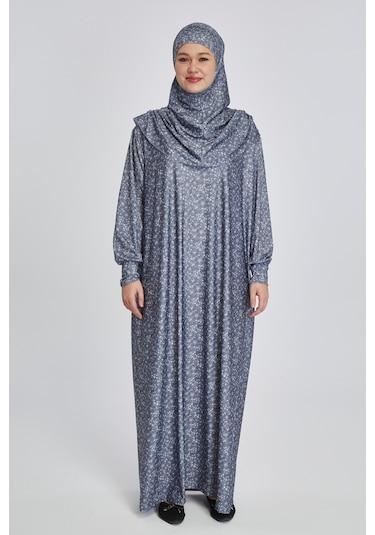 Pratik Tek Parça Çiçek Desenli Namaz Elbisesi Füme