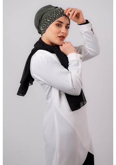 Haki Pratik Hazır Geçmeli Tesettür Bone Sandy Kumaş Taşlı 1456_09 Haki