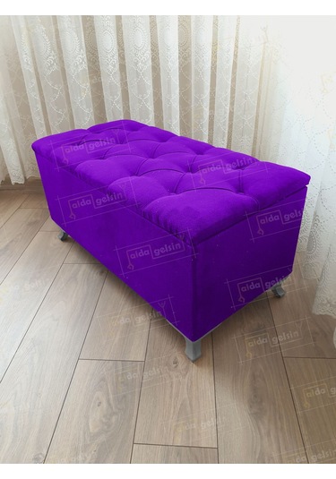 Lüks Sandıklı Kapitoneli Ayakucu Puf Bench 100 Cm Gümüş Ayak Eflatun