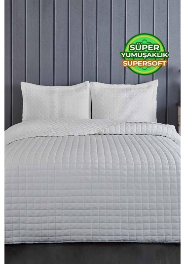 Evlen Home Joy Pamuklu Yatak Örtüsü Seti Çift Kişilik 3 Parça Elyaf Dolgulu Yumuşak Günlük Yıkanabilir Beyaz