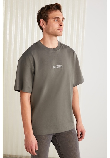 Grimelange Vıto Erkek %100 Organik Pamuklu Nakış Yazı Detaylı Oversize Bol Kesim Kısa Kollu Gri T-shirt