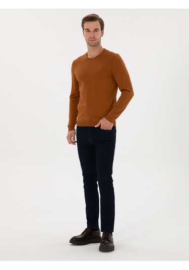 Cacharel Karamel Slim Fit Yün Karışımlı Bisiklet Yaka Basic Triko Kazak Kahverengi