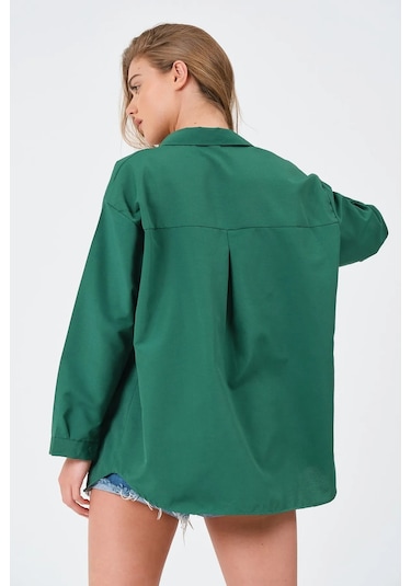 Kadın Koyu Yeşil Oversize Uzun Basic Gömlek Koyu Yeşil