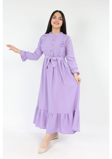 Genc Kiz Elbise Uzun Kollu Tesettür Uygun Jile Lila