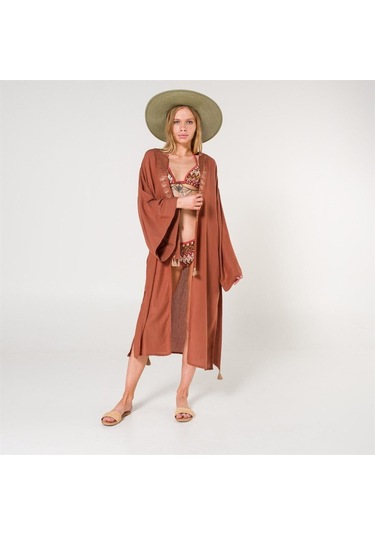 Eli Kadın Pul Baskılı Kimono-Tarçın-Standart Tarçın