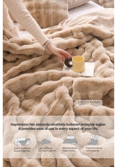 Kürk Yatak Örtüsü Çift Kişilik Dolgulu Peluş Yumuşak Çift Taraflı Yorgan 3 Parça Loria Kahve Kahverengi