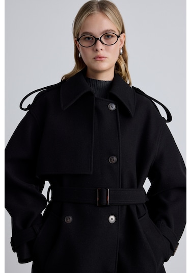 Apolet Detaylı Kaşe Kaban Siyah