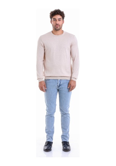 Hatemoğlu Erkek Regular Fit Düz Pamuk Bisiklet Yaka Triko Kazak - Bej